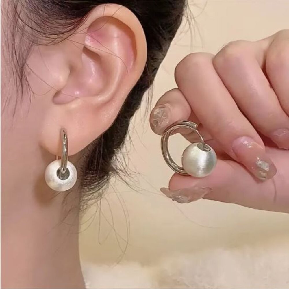 NEW Sarne Modernist Brushed Silver Ball Stainless Steel Hoop Earrings